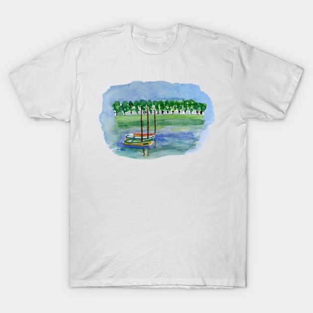 Canoes Watercolor Painting, Watercolor landscape canoes T-Shirt by EugeniaAlvarez